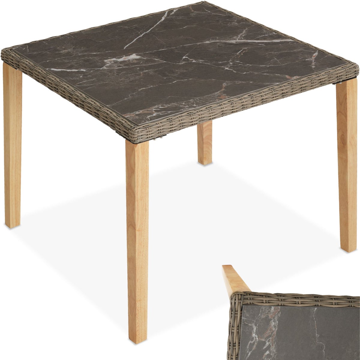 tectake Tarent rotan tafel met aluminium en houten frame, 93,5 x 93,5 x 75 cm