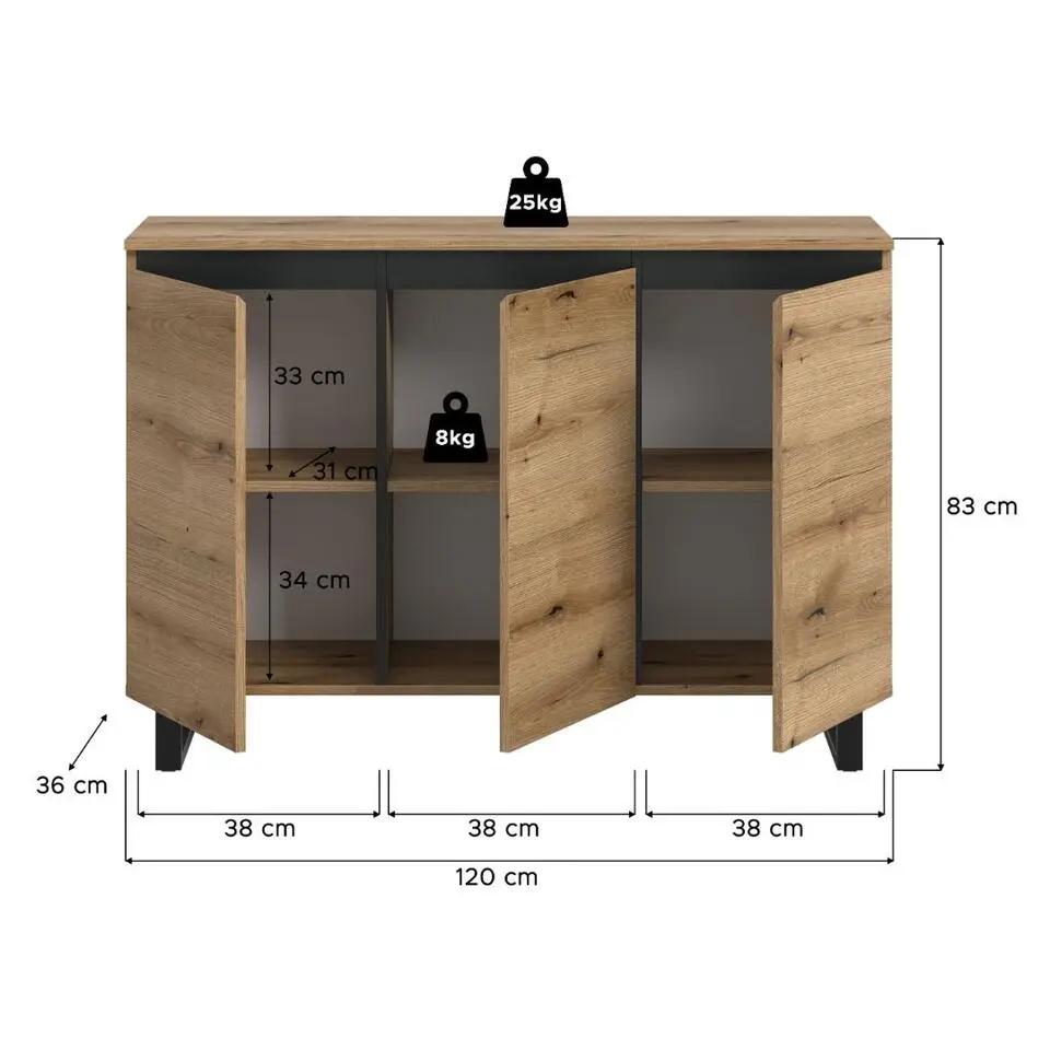 Hioshop Tomasa dressoir 3 deuren eiken decor