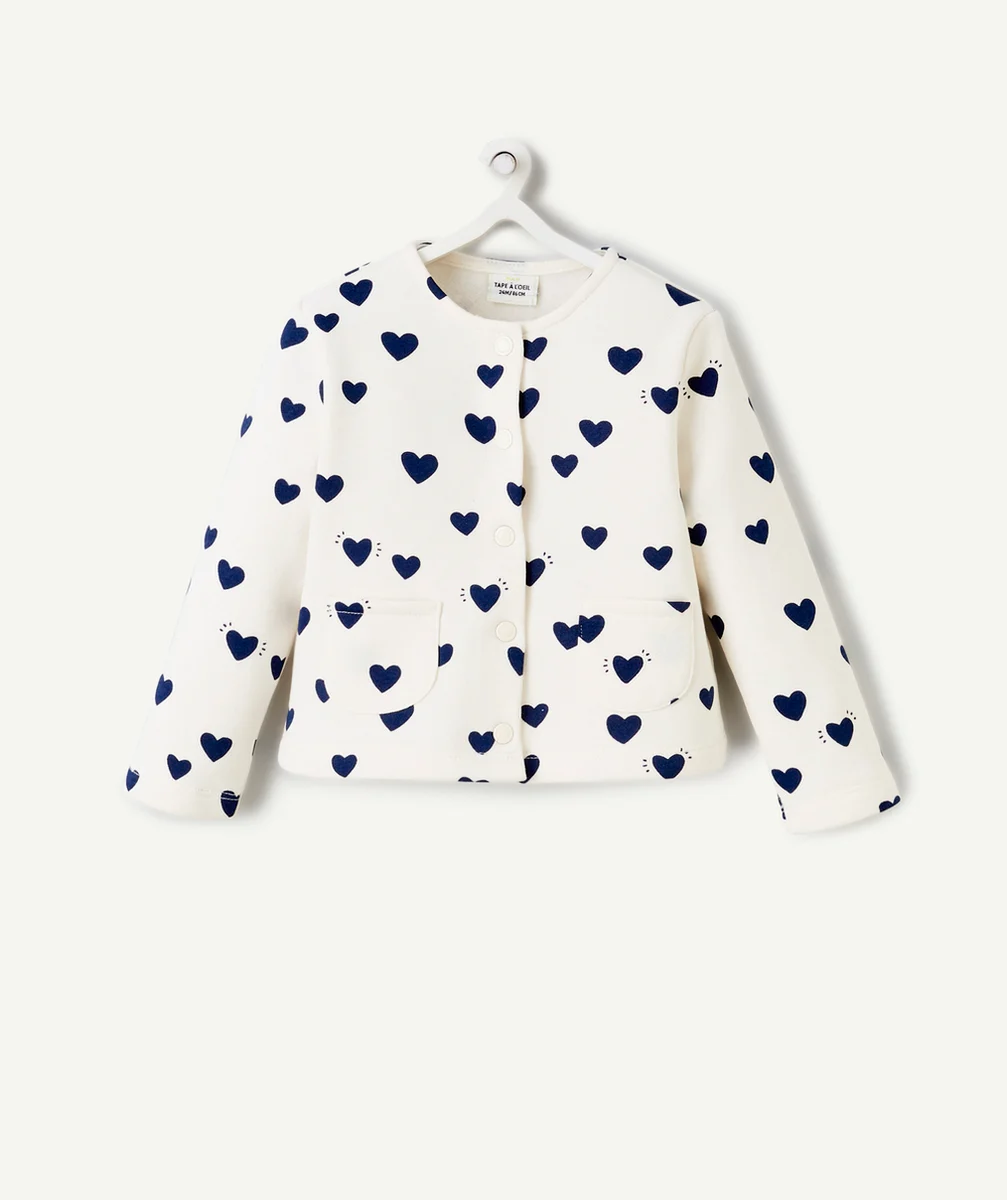 CARDIGAN BÉBÉ FILLE EN FIBRES RECYCLÉES BLANC AVEC IMPRIMÉ COEUR BLEU