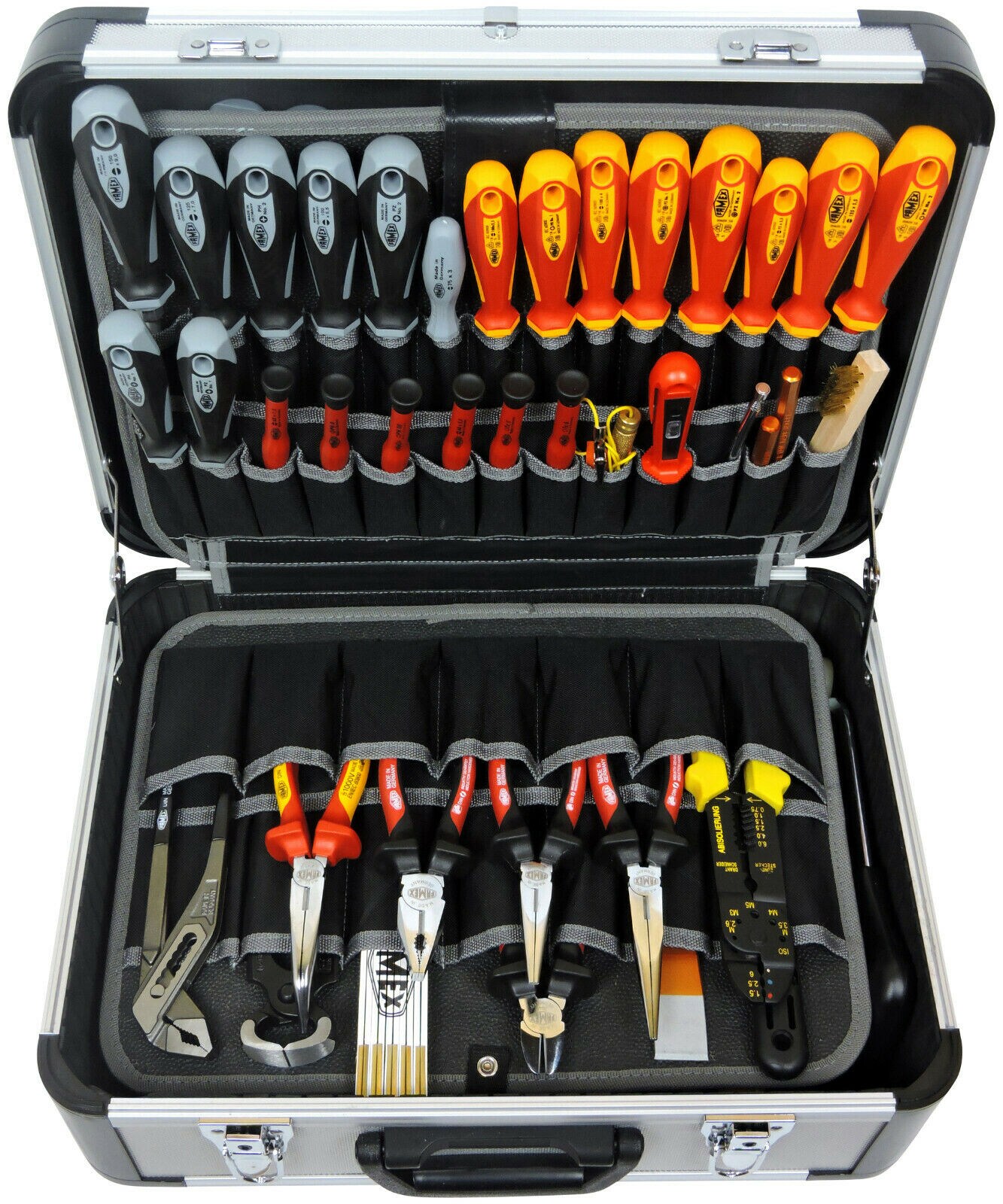 FAMEX 700-L Alu Werkzeugkoffer (leer) mit 2 Paletten mit 56 Einstecktaschen