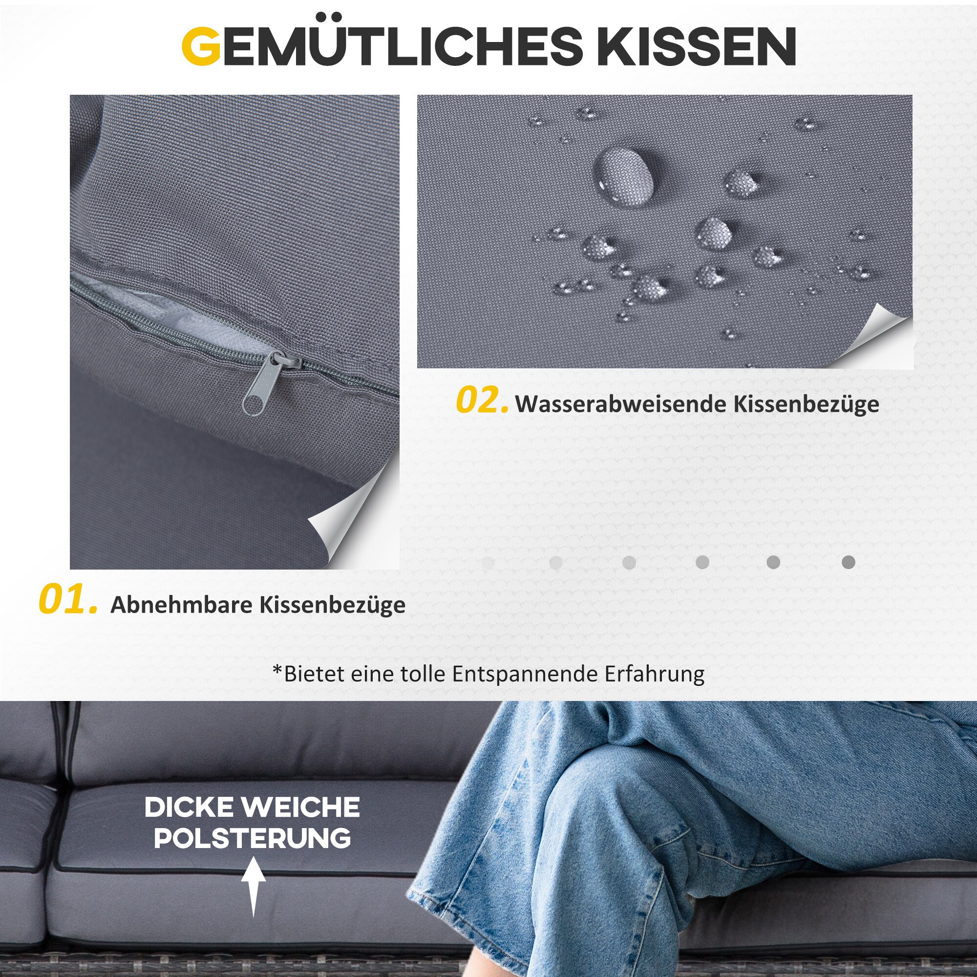 Outsunny Polyrattan Lounge-Set mit Sonnendach, Kissen und Beistelltisch grau