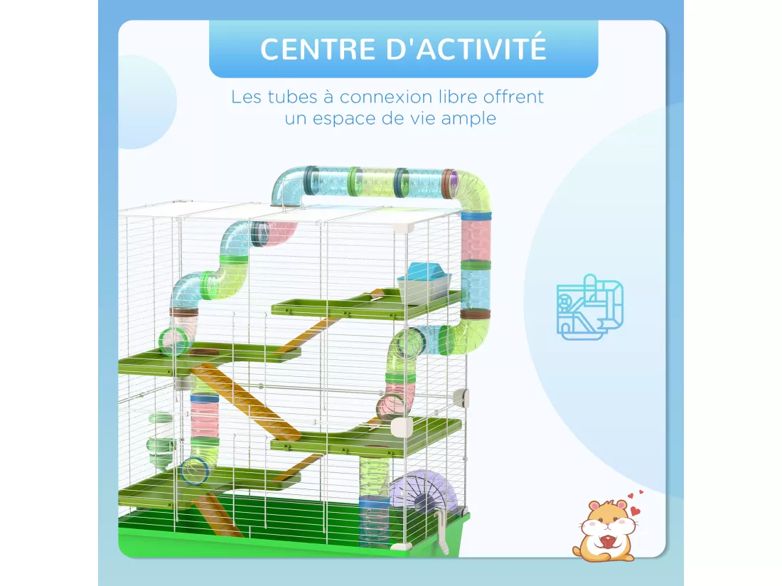 Grande cage à hamsters 5 niveaux - tunnels, abreuvoir, roue, maisonnette, échelles - dim. 59L x 36l x 69H cm - métal PP vert