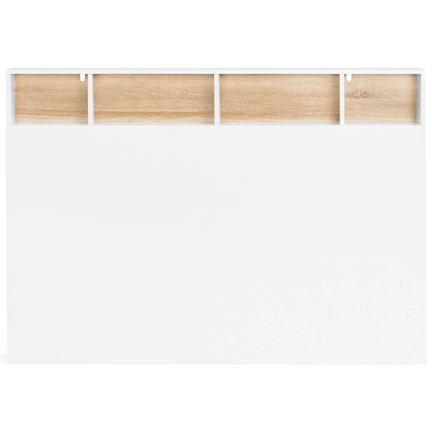 Tête de lit sur pied CLEO 145 cm avec rangements fermés et niches blanc et façon hêtre