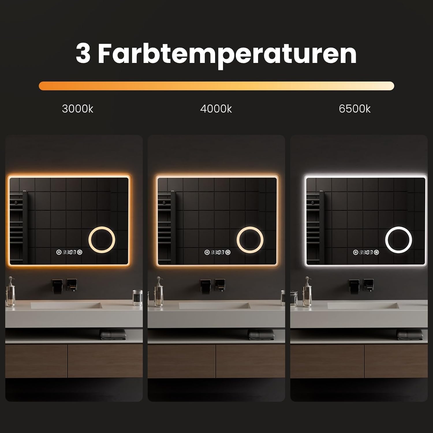 EMKE® 7 in 1 LED Badspiegel 80x60cm Badspiegel mit Beleuchtung 3000K/4000K/6500K Touch+Dimmbar+Beschlagfrei+3X Kosmetikspiegel+Digitaluhr Energiesparend IP44 Einfach Installation Badezimmerspiegel