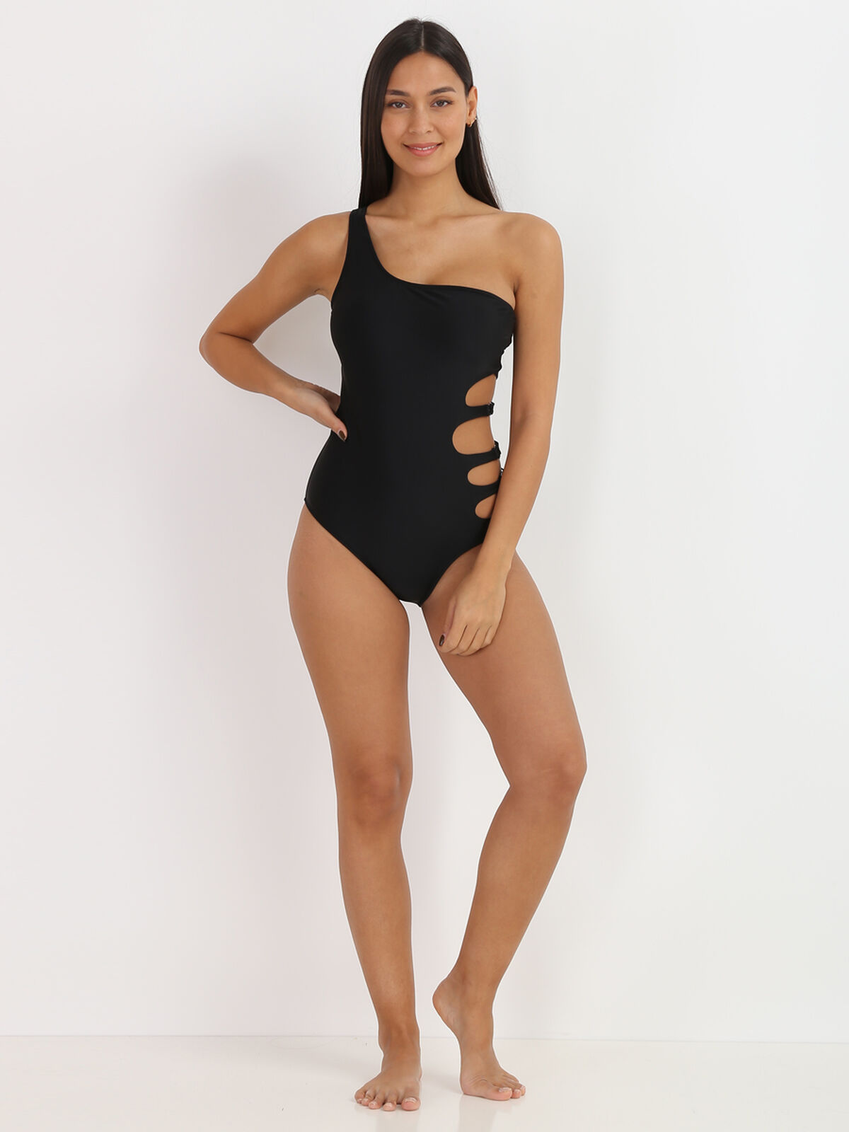 Maillot 1 pièce asymétrique et ajouré- Noir