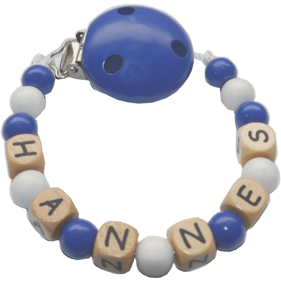 Schnullireich Schnullerkette mit Namen bis 8 Buchstaben (Holz) Dunkelblau