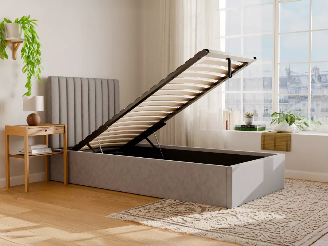 Lit coffre 90 x 190 cm avec tête de lit coutures verticales - Tissu - Beige - SARAH