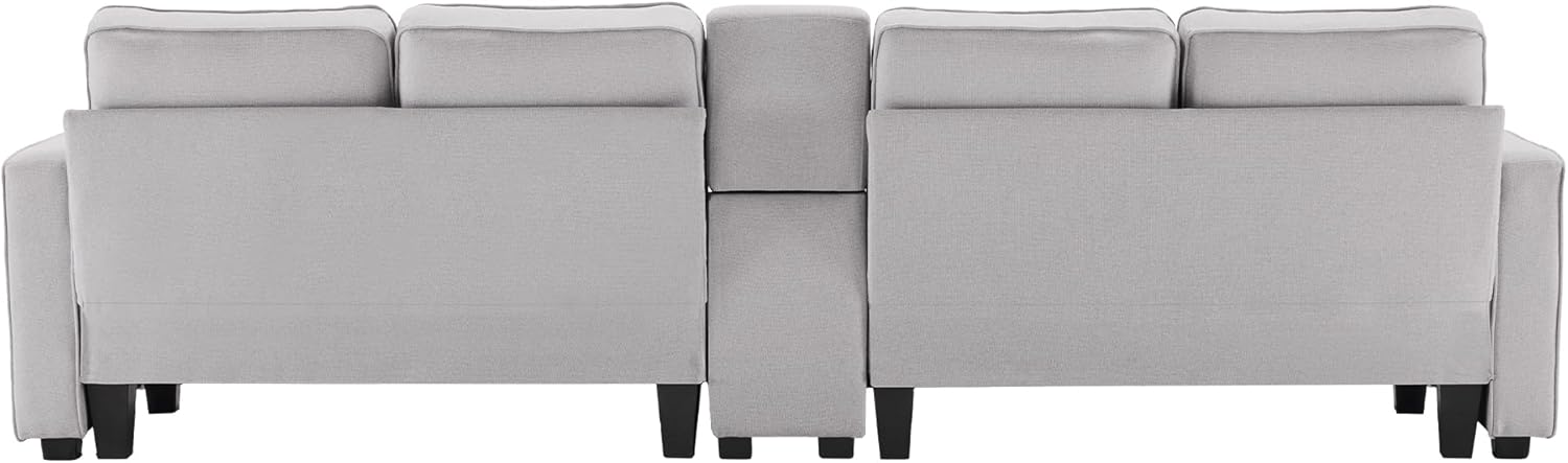Kebnor Modernes 4-Sitzer-Sofa aus Leinenstoff mit Konsole, 2 Getränkehaltern, 2 USB-Anschlüssen zum Aufladen mit Kabel, mit Armlehnentaschen und 4 Kissen, einfaches Sofa für Wohnzimmer, Büro (Grau)