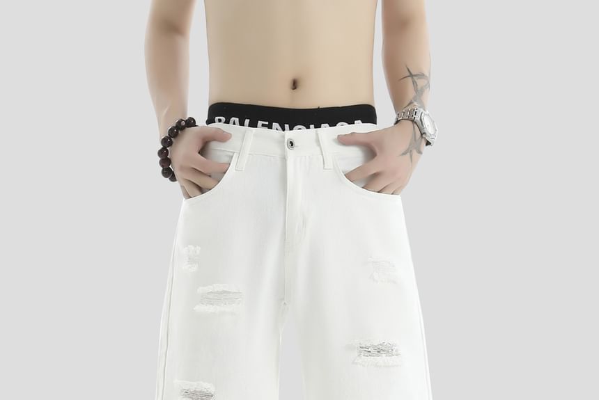 INStudio - Mid Rise Distressed Washed Denim Shorts
