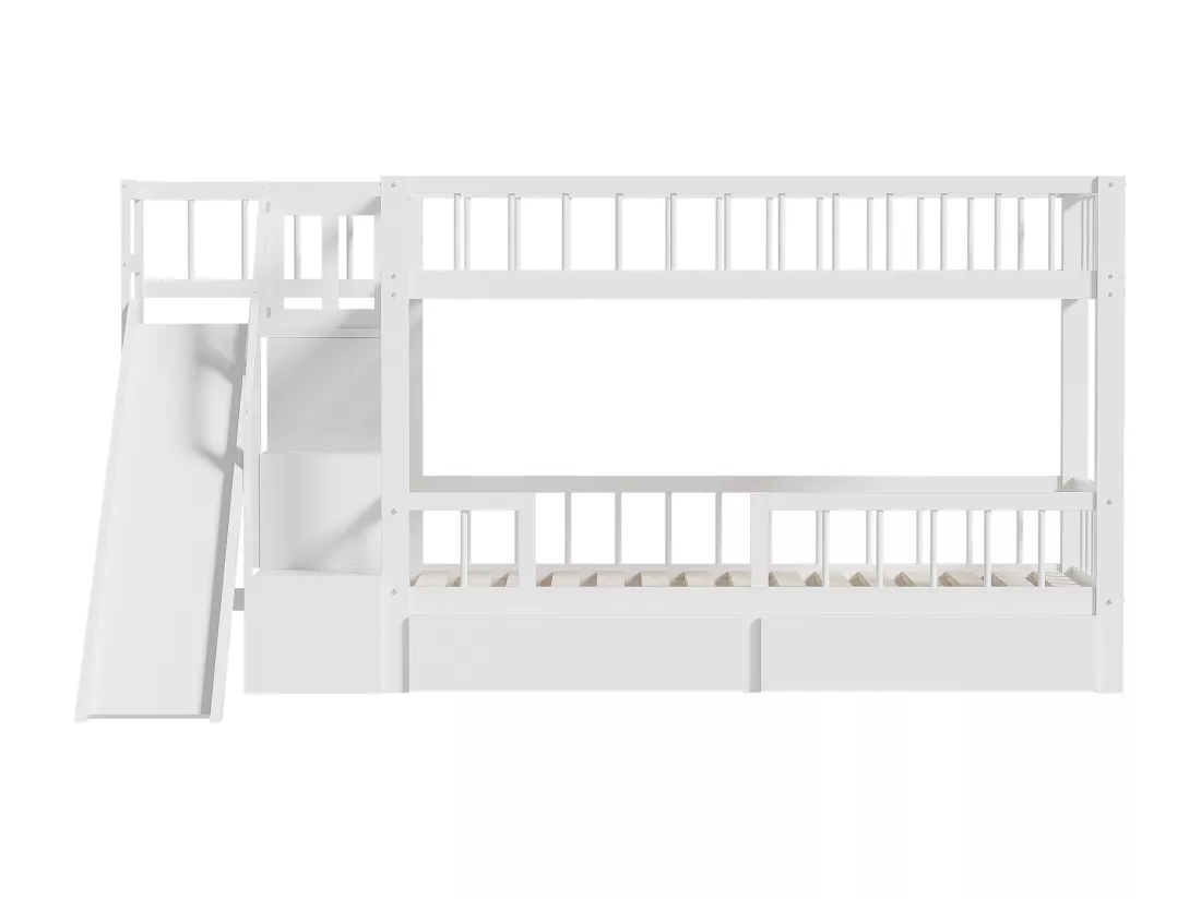 Lits superposés 2 x 90 x 200 cm avec 2 tiroirs et toboggan - bois massif - blanc