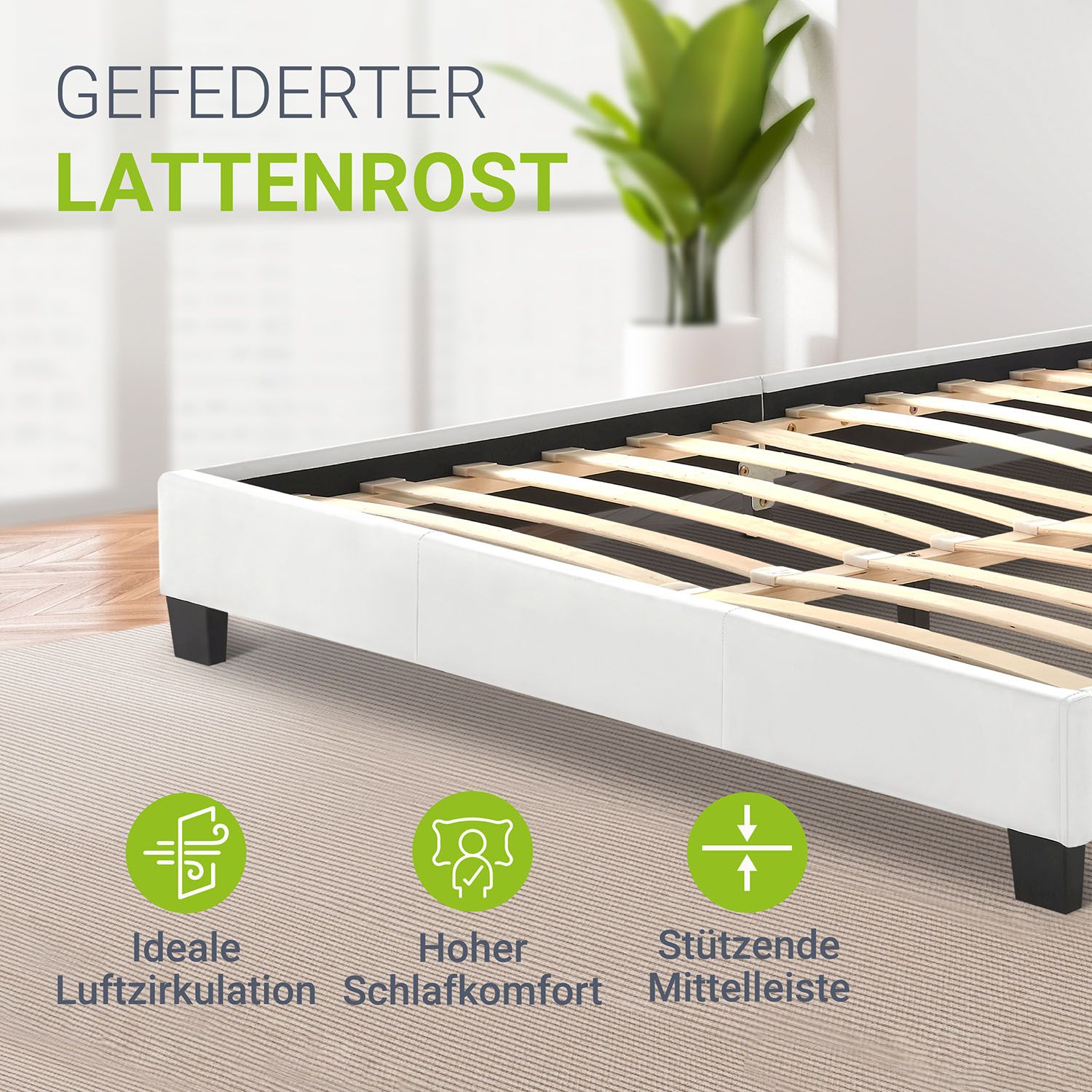 Juskys Polsterbett Paris 140 x 200 cm weiß – Bett mit LED Beleuchtung, Lattenrost & Kopfteil