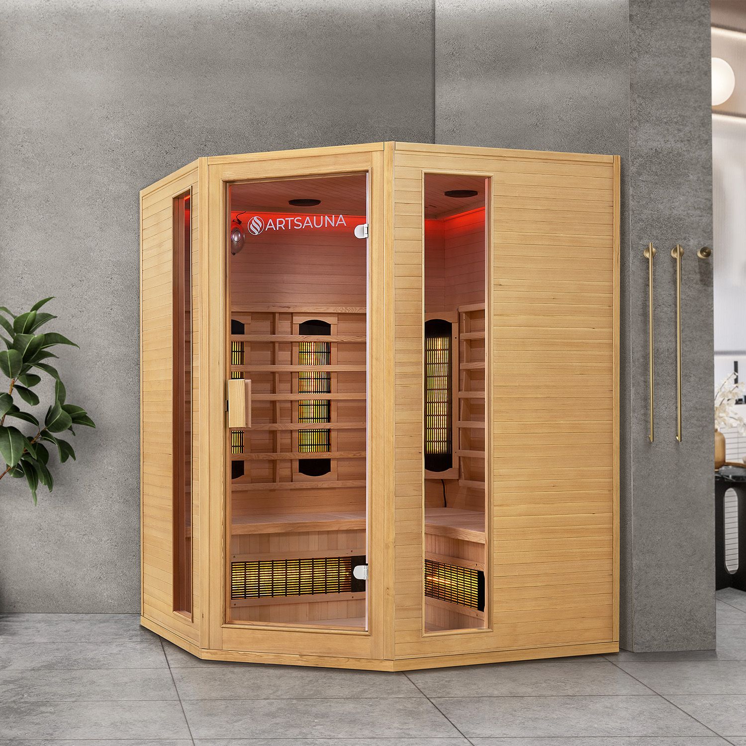 Artsauna Eck Infrarotkabine Nyborg E150V Vollspektrum mit Ambiente Beleuchtung – 4 Personen