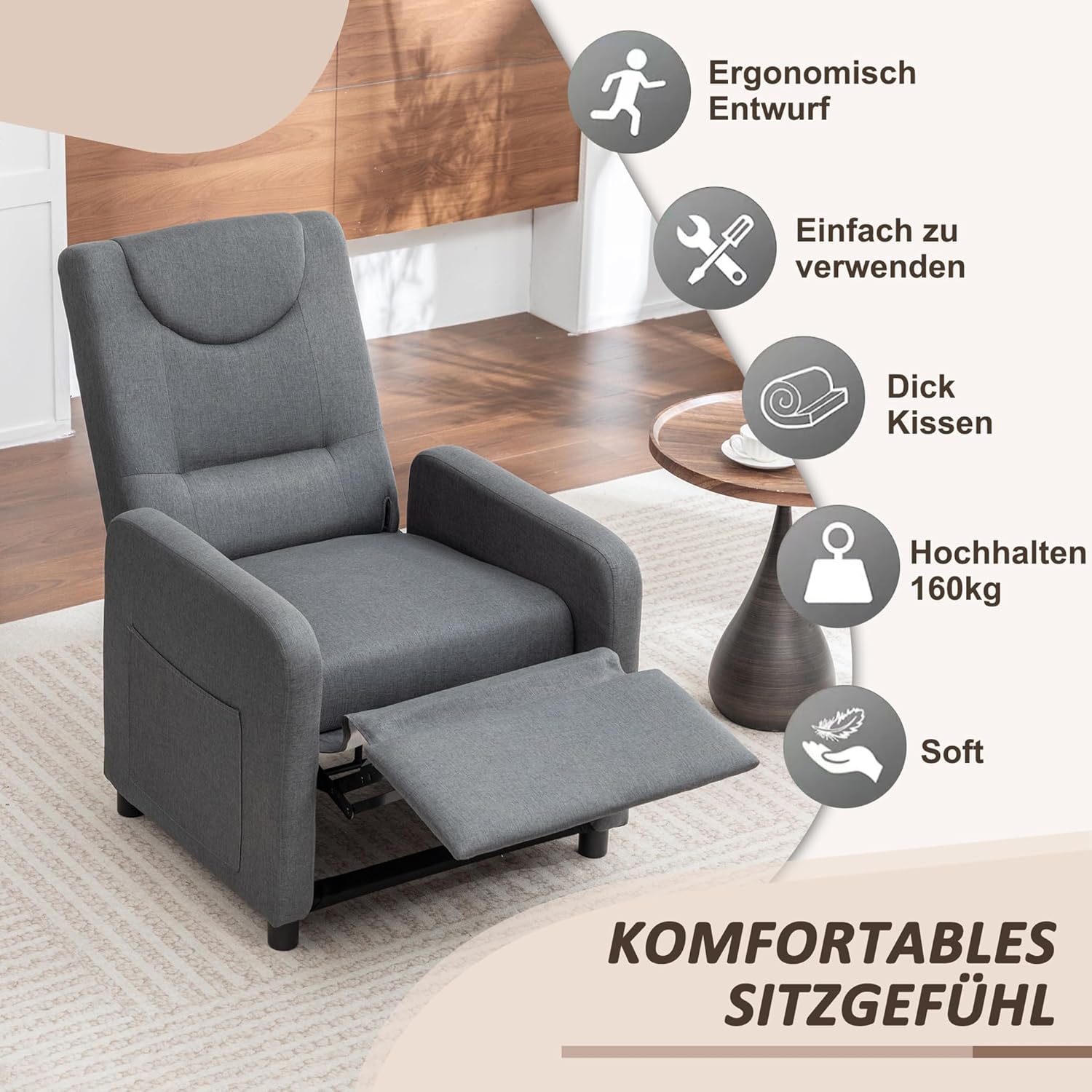 Relaxsessel Fernsehsessel Ruhesessel mit Liegefunktion, Einzelliege Sessel 140° Verstellbarer Rückenlehne, Ergonomisch Lounge Sessel bis 160 kg für Wohnzimmer Heimkino, (Dunkelgrau)