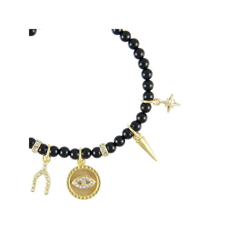 Ettika - Bracelet Stretch en Perles Onyx, Cristal et Charm's Plaqué Or