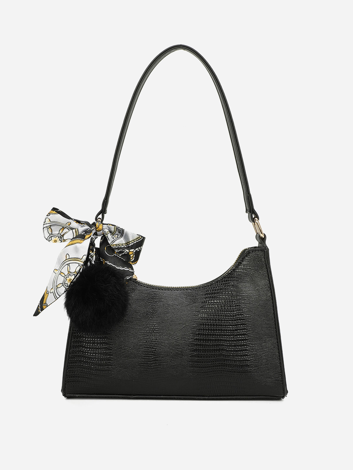 Sac à main avec foulard et pompons- Noir