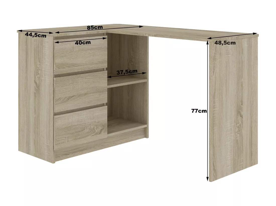 Bureau AKORD d'angle gauche B16 Chêne Sonoma 124 cm 3 tiroirs façade Blanche 2 étagères 124x85x77 cm