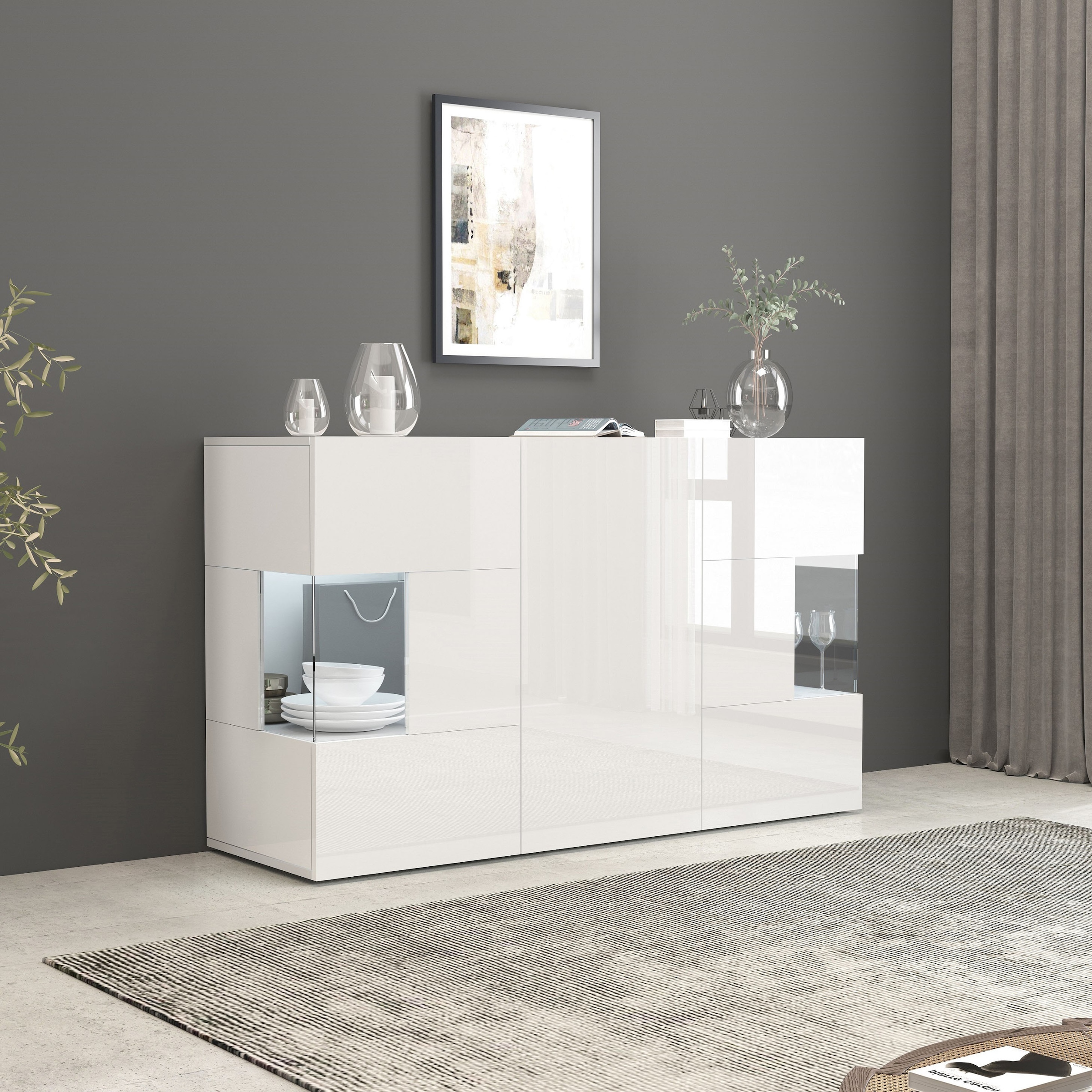 INOSIGN Sideboard »Egypt, Kommode, Schrank, Kredenz, Vitrine grifflos« 3 Türen davon 2 mit Glaseinsatz, kompl. Hochglanz lackiert Breite 135