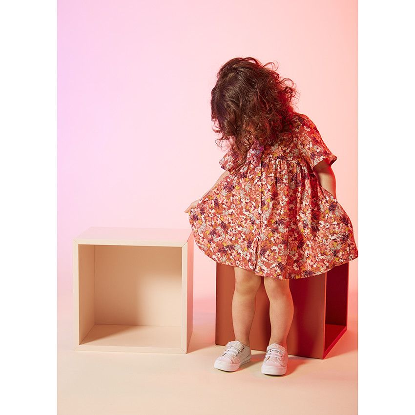 Robe manches courtes en toile imprimé fleuri pour bébé fille - Fuchsia