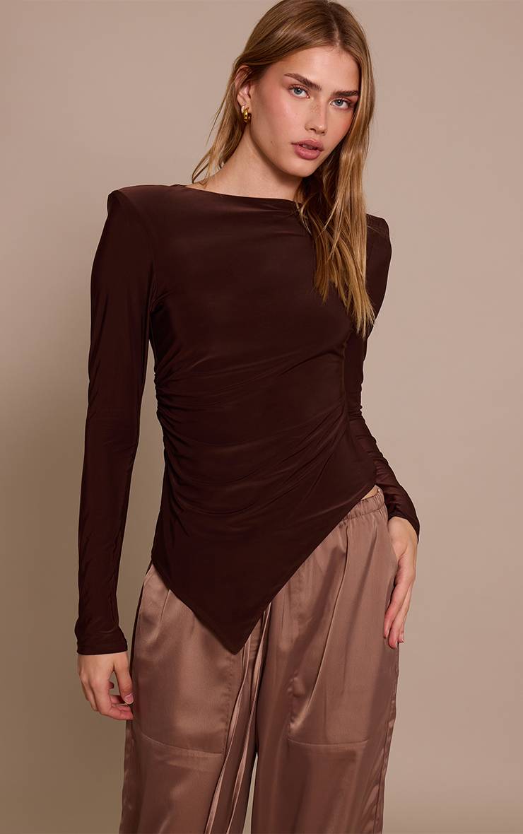 Chocolat Haut Asymétrique À Épaulettes En Tissu Slinky Double Couche