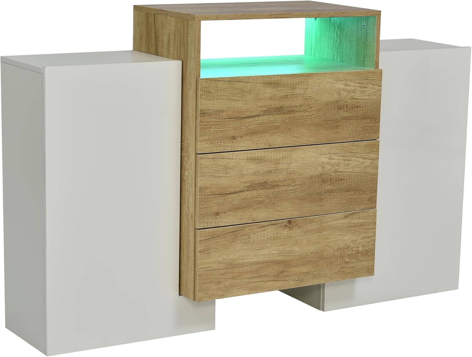 Moimhear Sideboard, Kommode, 140x30x77.5cm, Hochglanz-Weiß und Holzfarbe, LED-Lichteffekte, Teilweise glänzende Oberfläche