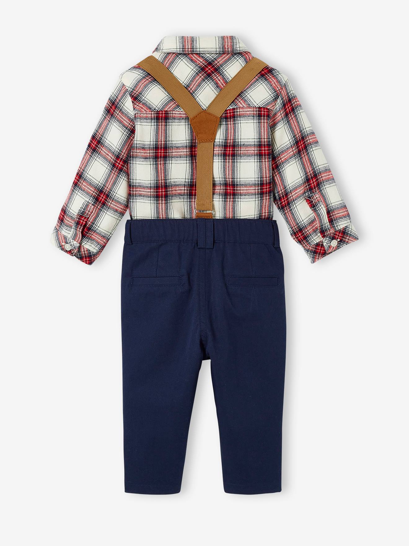 Conjunto para bebê: camisa + calça com suspensórios + gravata borboleta (cor natural)