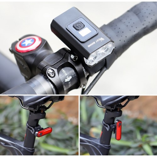 (2-tlg. Set) Wiederaufladbares Aluminium USB Fahrrad LED Front- und Rücklicht mit LCD Display IPX6 - Schwarz