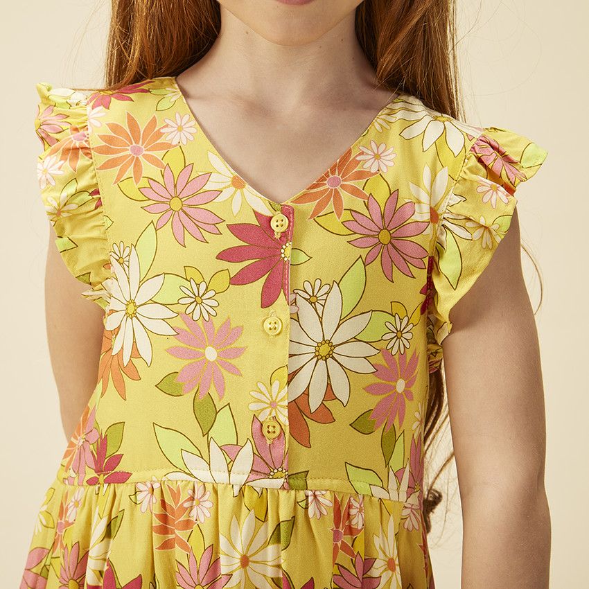Robe manches courtes volantées imprimé fleuri pour fille - Jaune