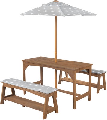 Roba Barn Piknikbord Set til 4 Deluxe med Parasoll & Sitteputer, Teak Wood