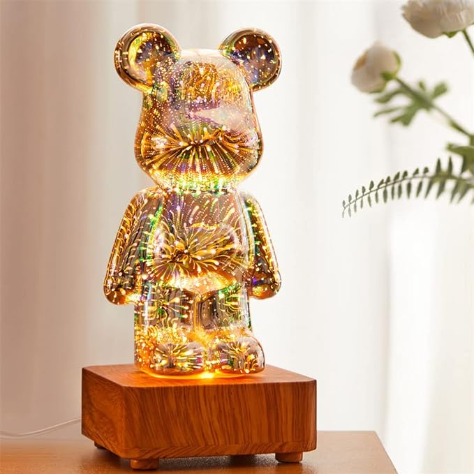 (20x9cm) USB Feuerwerk Bär Nachtlicht Deko Tischlampe 3D Projektor - Silber / Braun