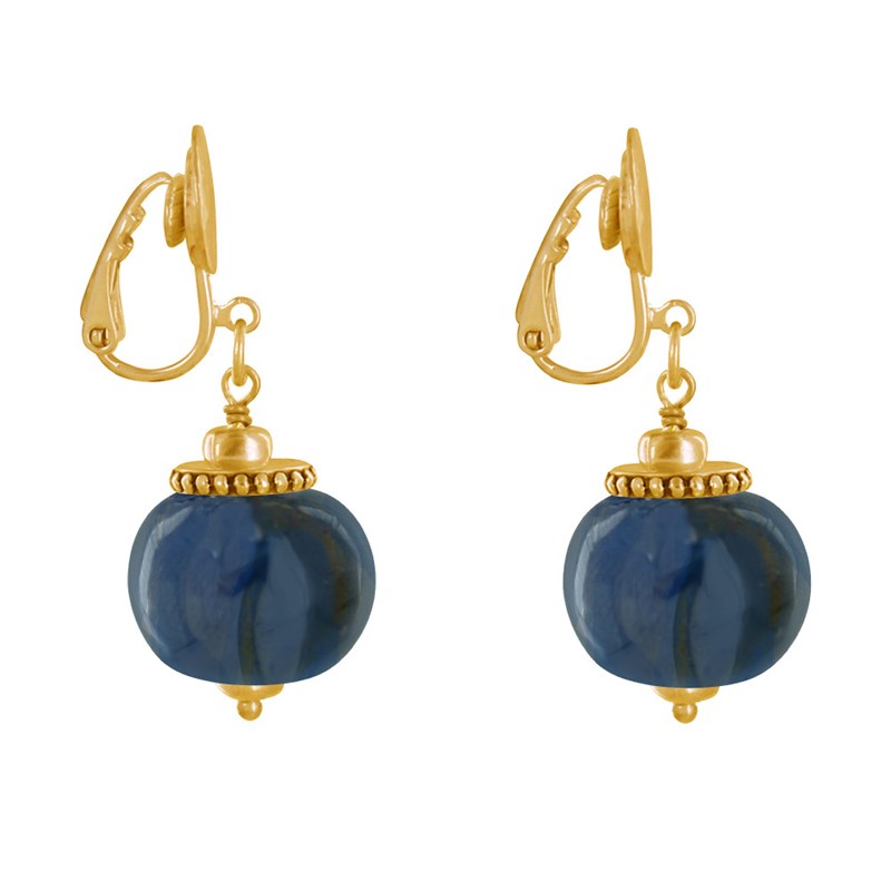 Boucles d'Oreilles Clip Métal Doré et Grosses Perles en Céramique