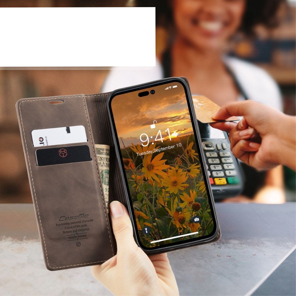iPhone 14 Pro Leder Tasche Flip Wallet Etui mit Kartenfächern - Braun