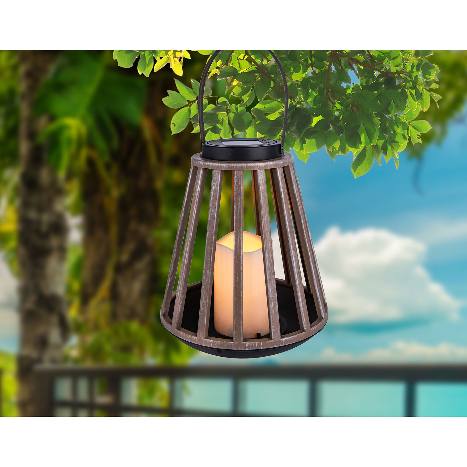 LED-Solarleuchte - Holzoptik - mit Flammeneffekt
