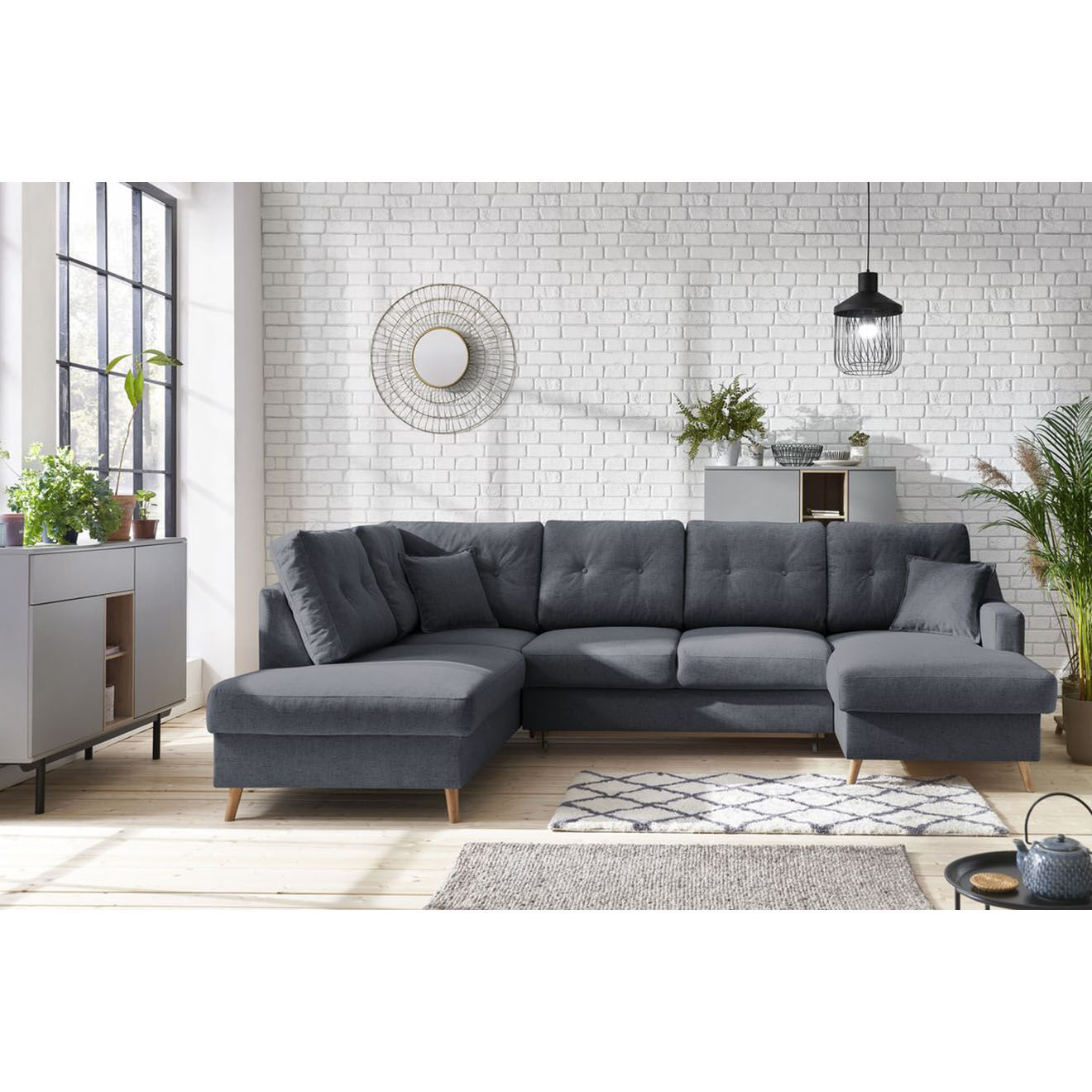 Bobochic Canapé d'angle panoramique convertible droit Sweden bleu foncé - 300x149/90/198x95 cm