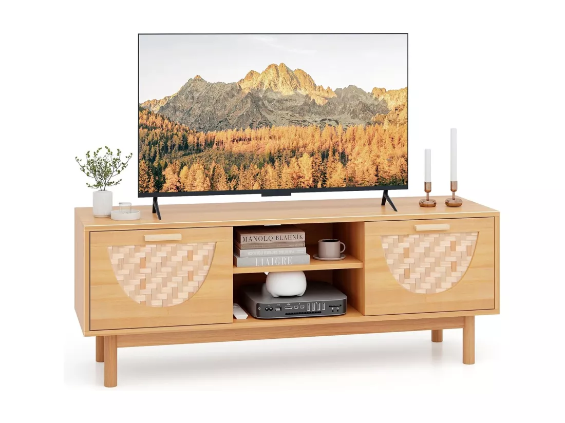 Meuble tv en bois, 2 tiroirs, 2 etagères, 2 passe-câbles, 55