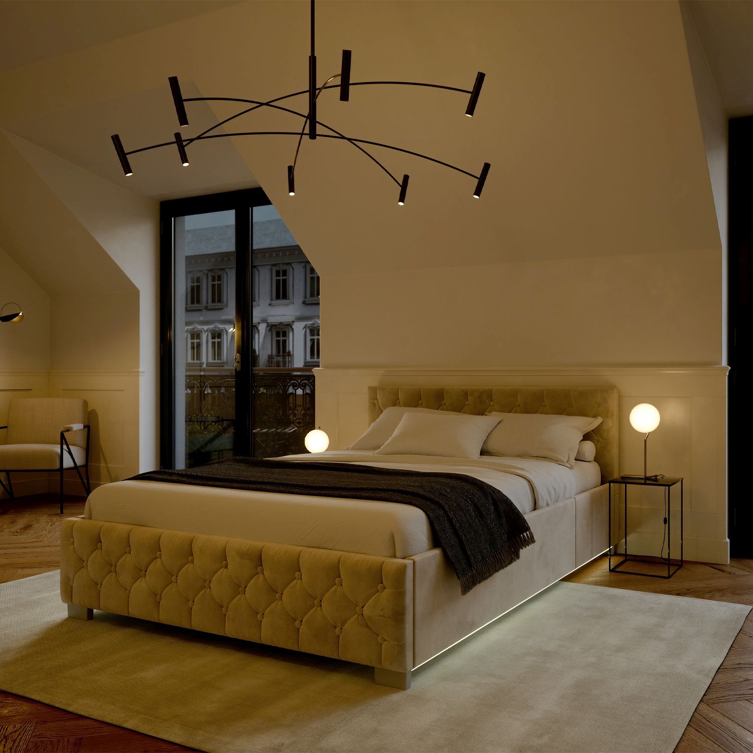 Juskys Polsterbett Nizza 120x200 cm - Matratze, Stauraum & LEDs - Samtbezug mit Steppung - Beige