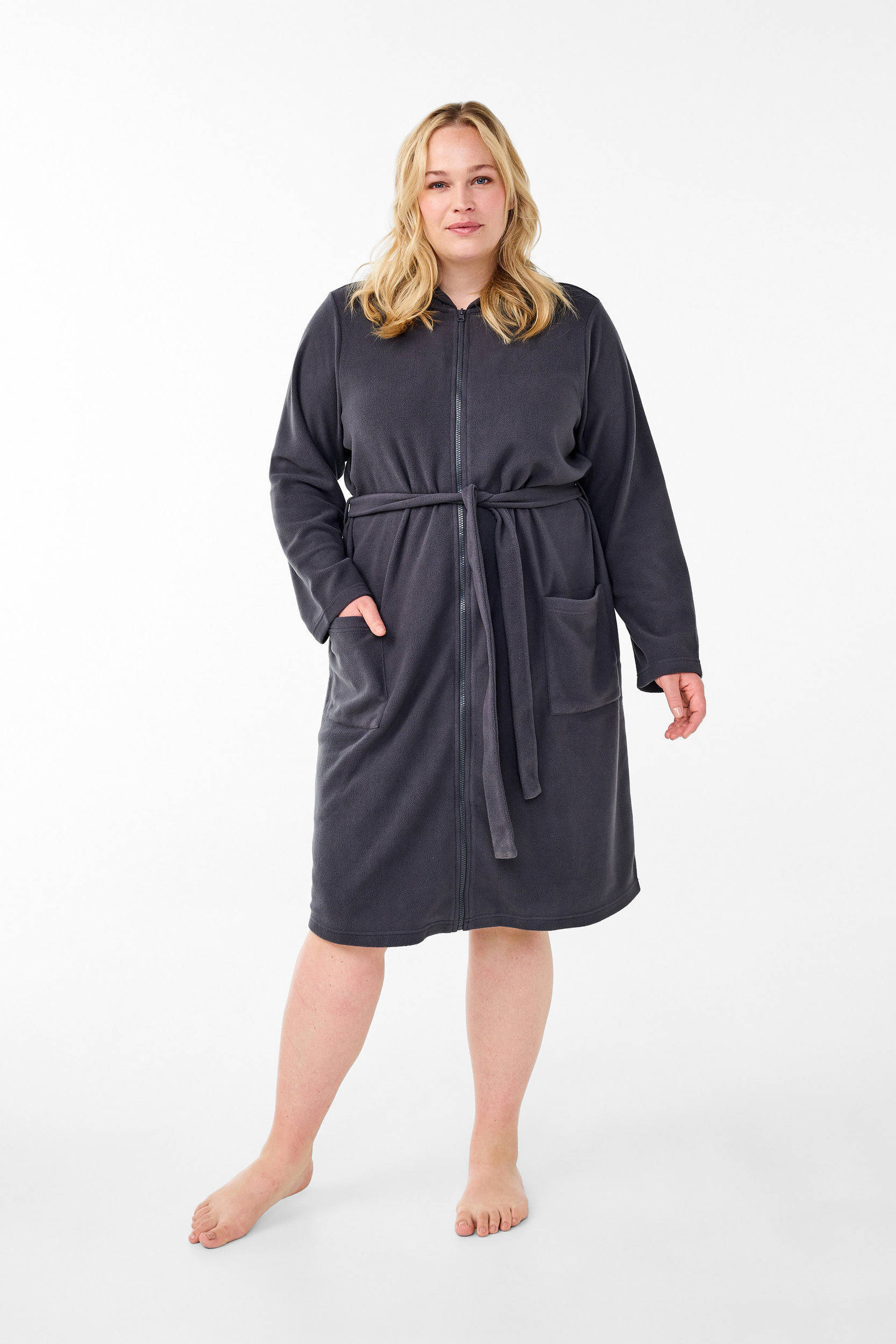 Zizzi fleece badjas met capuchon en ritssluiting MLISE donkergrijs
