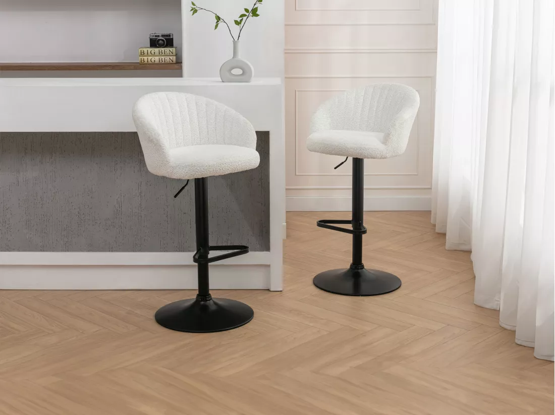 Lot de 2 tabourets de bar en tissu bouclette et métal - Hauteur réglable - Blanc - DORALIZ