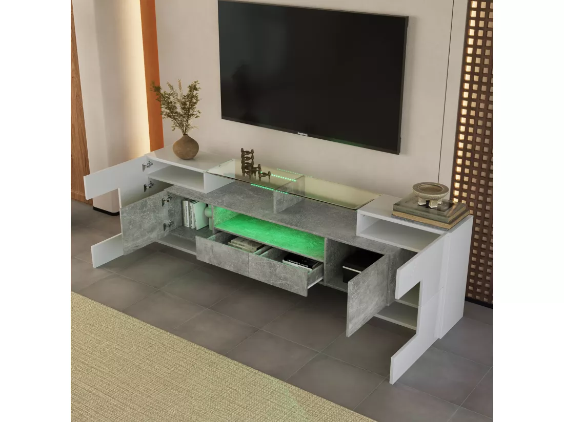 Meuble TV - 200x38x48cm LED brillant blanc et gris - finition verre - 4 portes de rangement 2 tiroirs 3 compartiments - gris