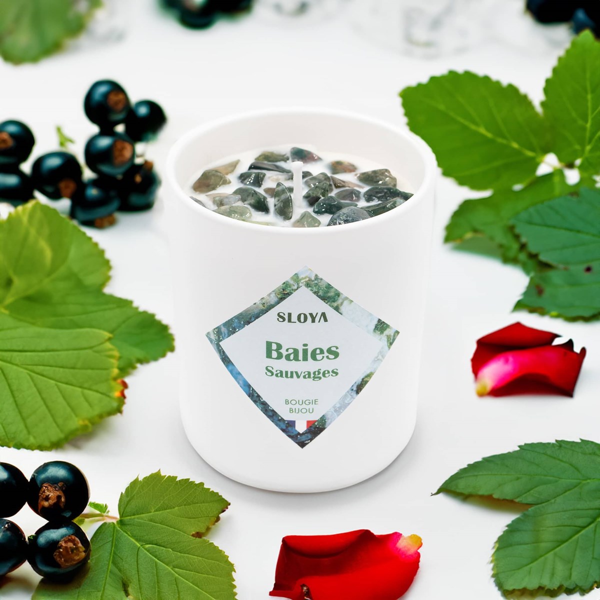 Bougie bijou pierres Agate Mousse - parfum Baies Sauvages