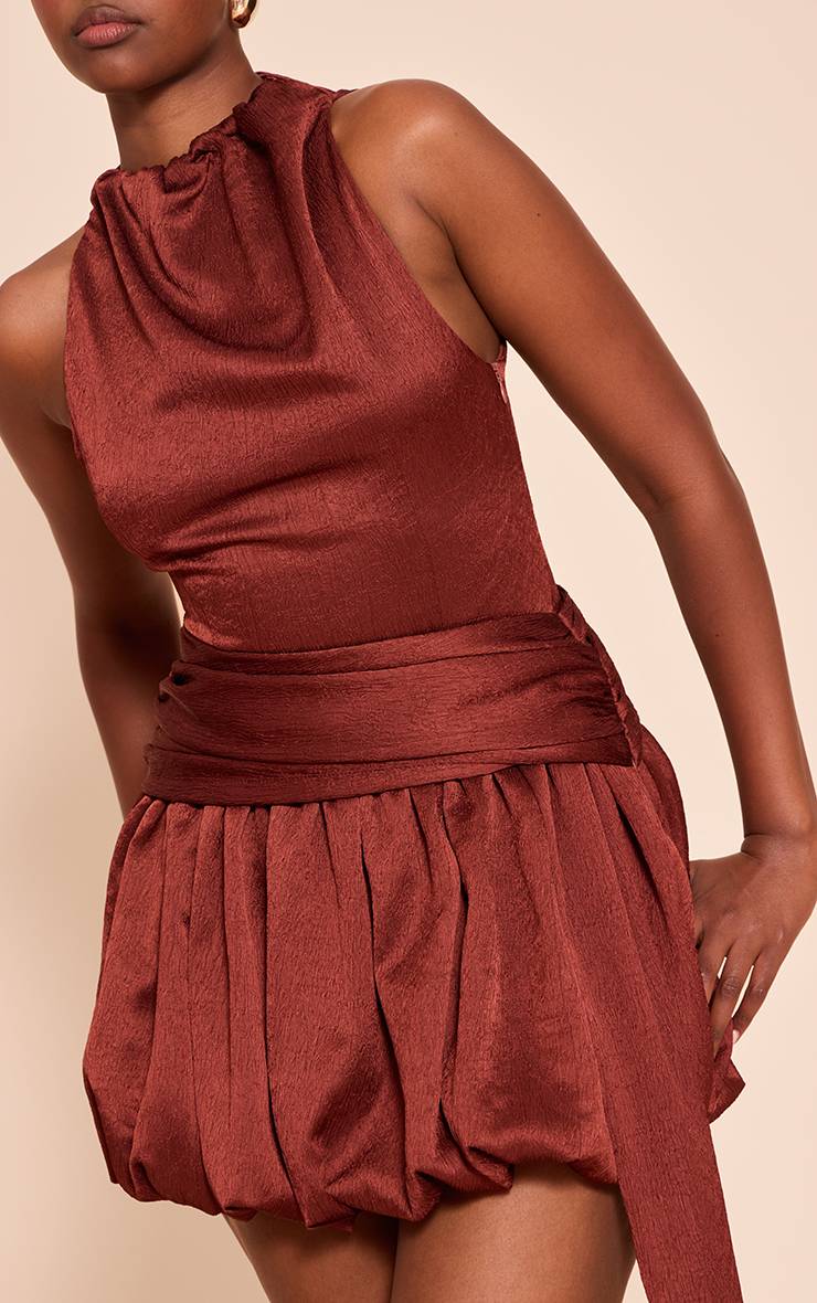 Rouille Robe Mini Bouffante Texturée À Col Haut