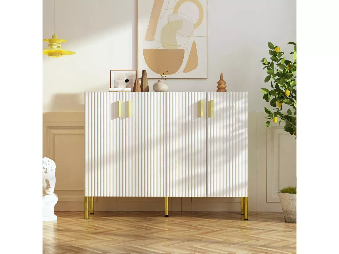 Buffet moderne armoire de rangement en Blanc poignée et pieds en métal 4 portes Chambre Salon 120x41x95cm