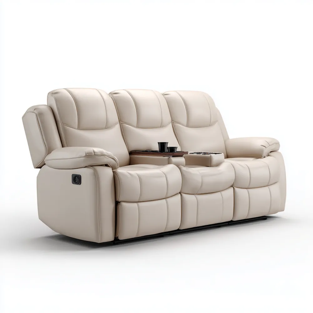 Beiges 3-Sitzer-Sofa Kunstleder 210x95x100 cm mit Getränkehalter