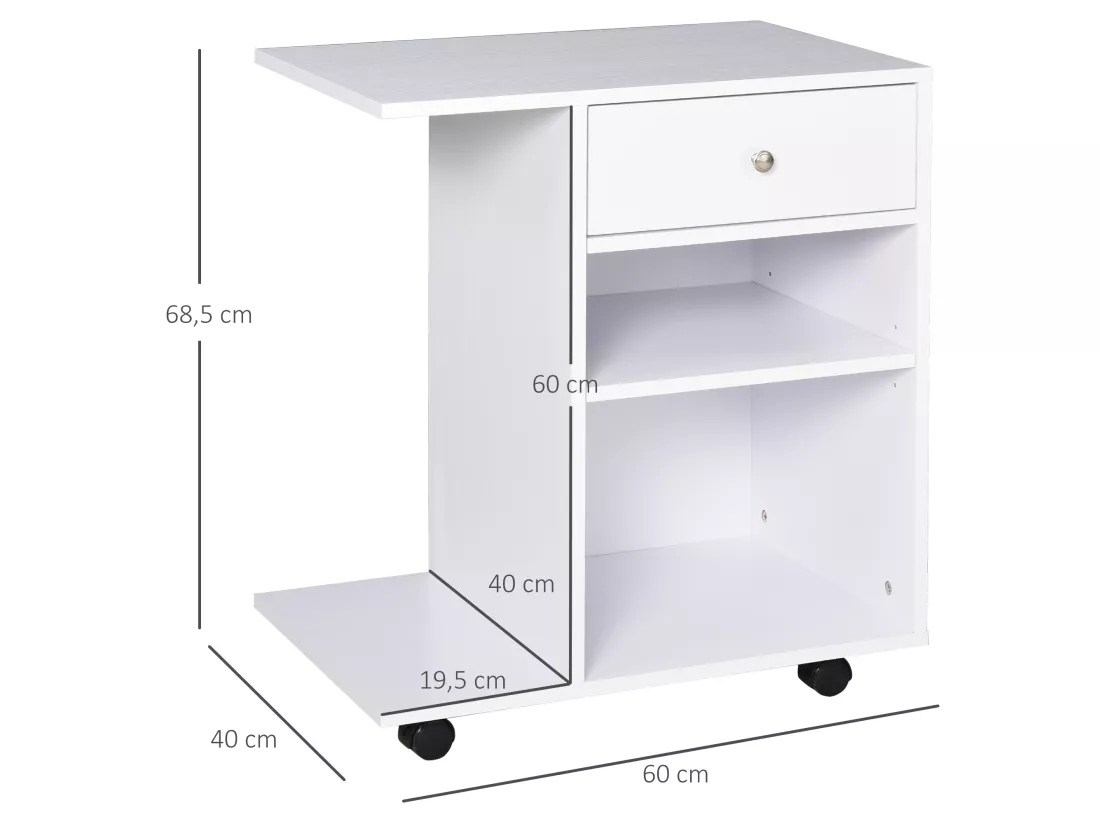 Support d'imprimante organiseur bureau caisson 2 niches tiroir espace CPU + grand plateau panneaux particules blanc