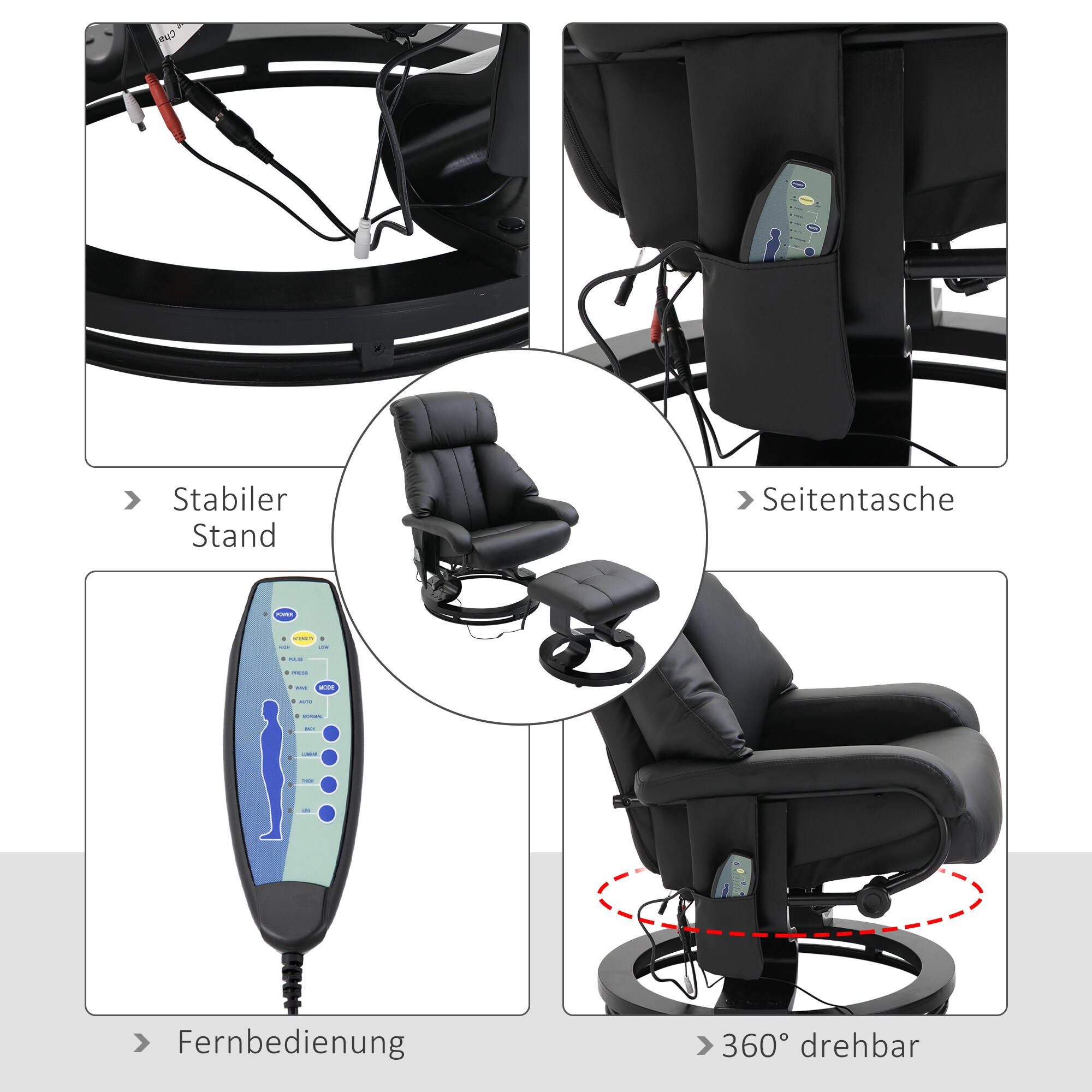 HOMCOM Massagesessel mit Fußhocker und Liegefunktion schwarz 76L x 80B x 102H cm