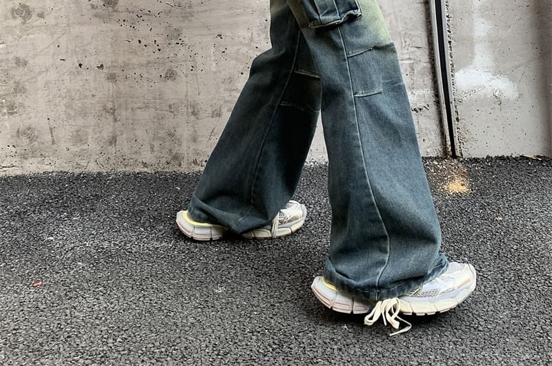 Kenning - High Waist Washed Wide Leg Cargo Jeans