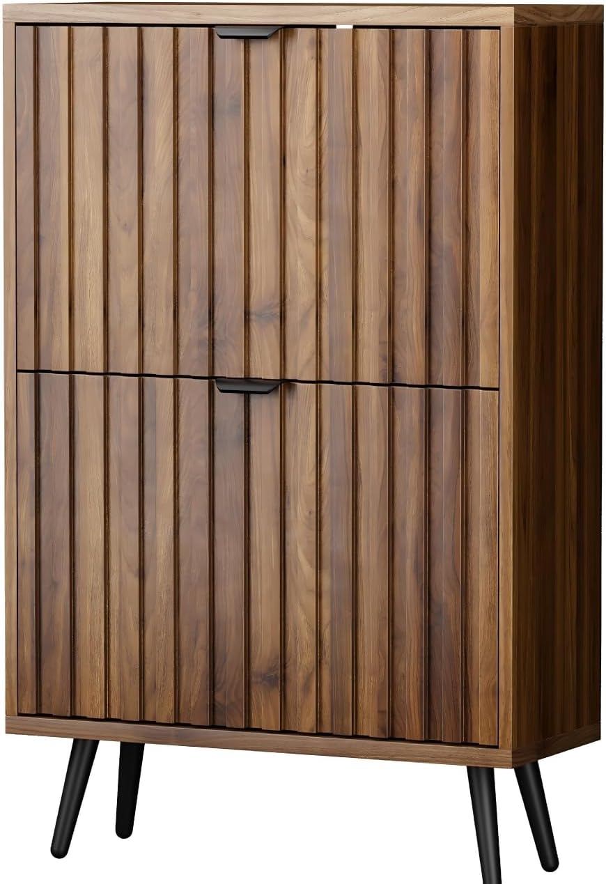 Schuhschrank, 60x24x94 cm, Walnussfarbe, 2 Klappen, 4 verstellbare Fächer, für 8-12 Paar Schuhe