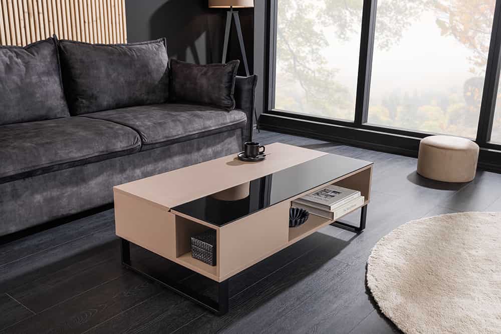 Höhenverstellbarer Couchtisch APARTMENT 110cm taupe greige schwarz Metall Stauraum