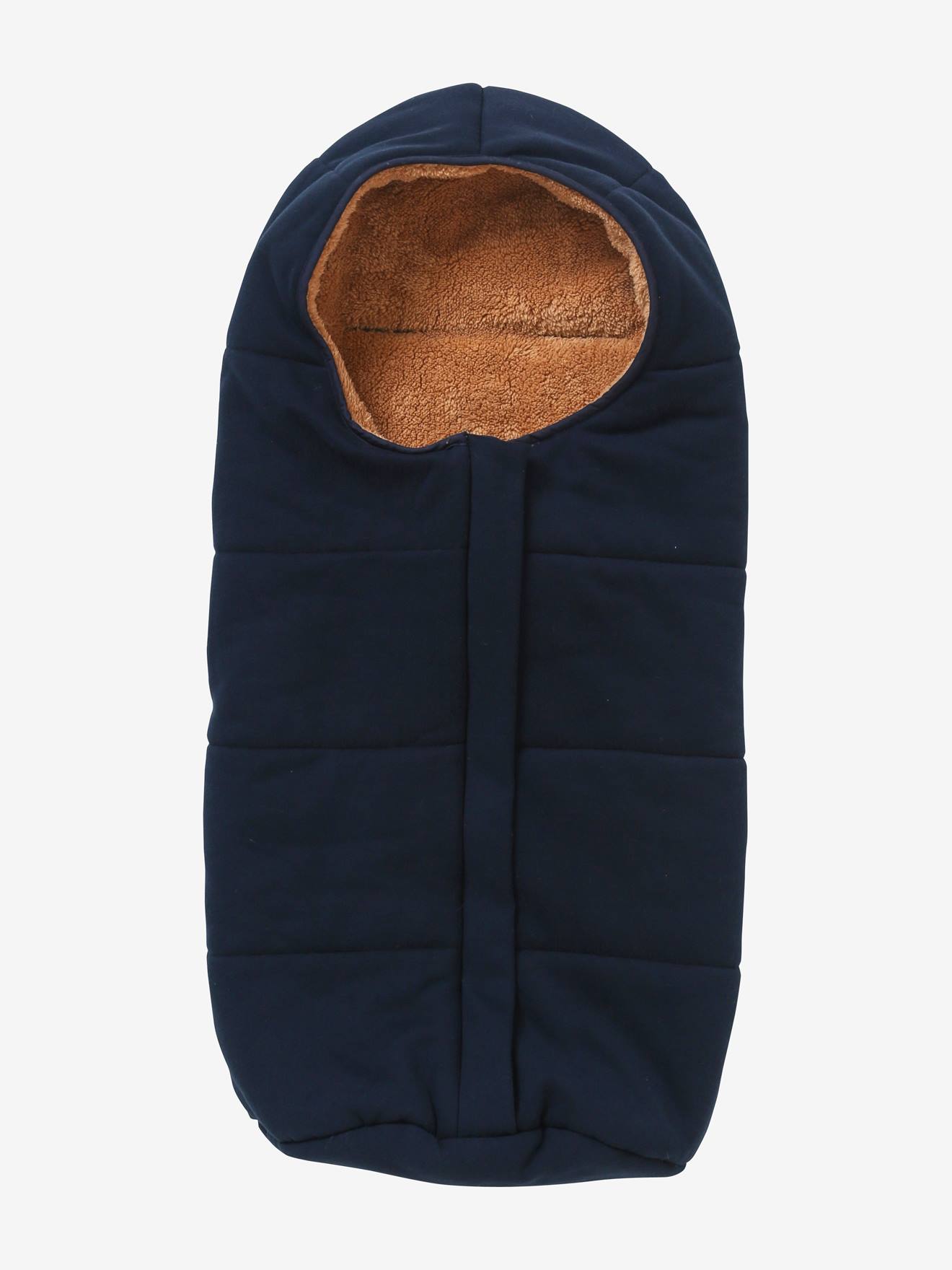 Bolsa de carrinho de bebê de pelúcia com forro de malha azul-escuro liso.