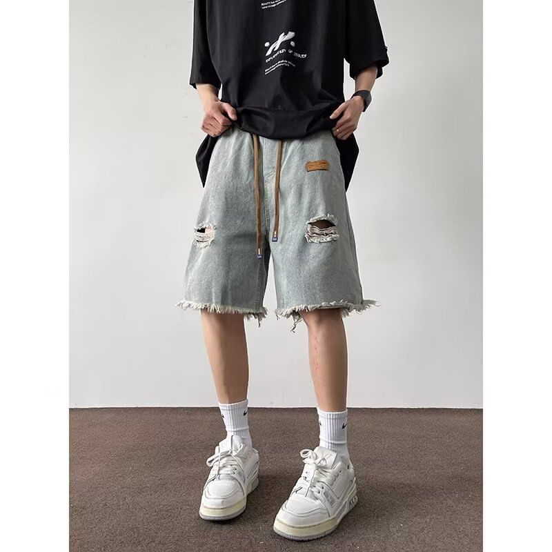 Phoneus - Versleten denim shorts met trekkoordtaille
