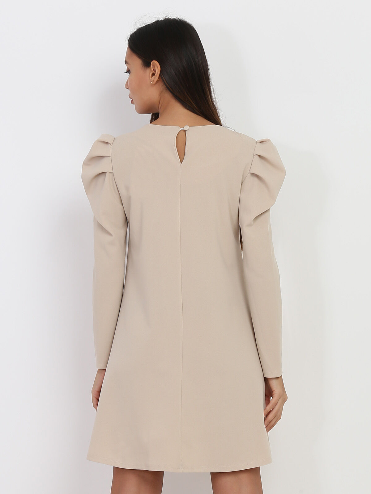 Robe droite à manches gigot- Beige